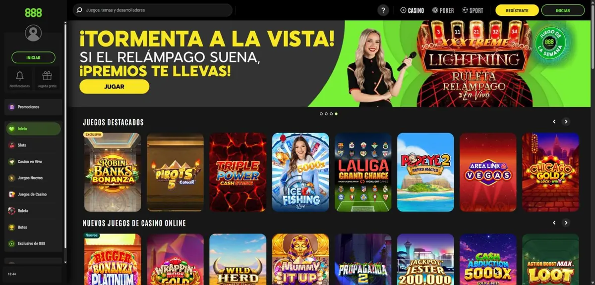 Lobby de 888casino.es con la sección Juegos destacados y el menú lateral de categorías