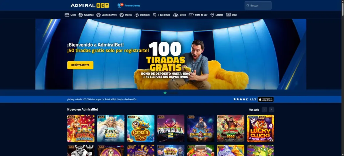 Página de inicio de AdmiralBet con el mensaje de 50 tiradas gratis solo por registrarte y el banner de 100 tiradas gratis