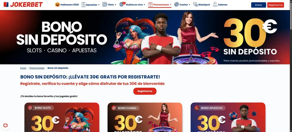 Página del bono sin depósito de JOKERBET con los pasos para conseguir 30 euros