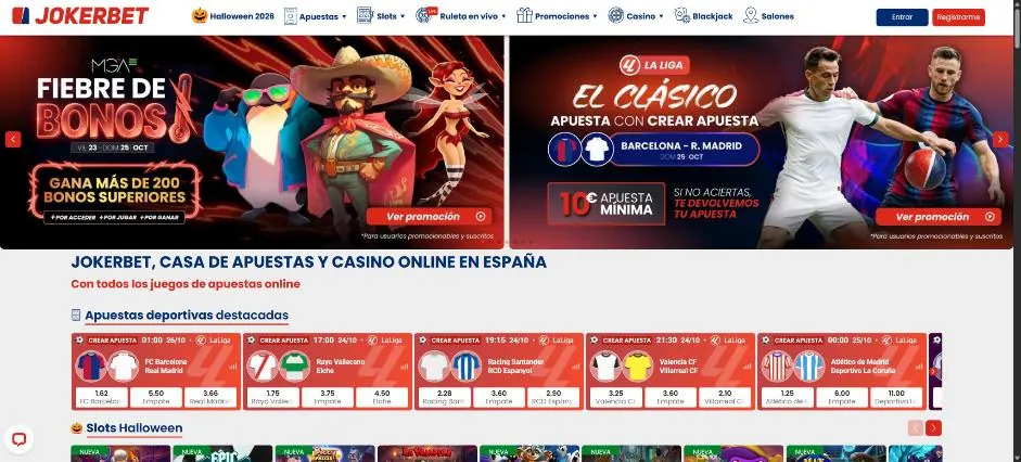Página de inicio de JOKERBET con los botones Entrar y Registrarme arriba a la derecha